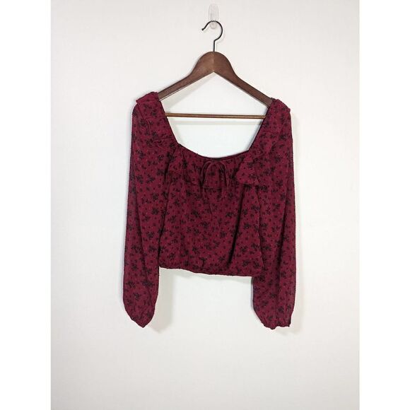 ✨Trixxi Peasant Blouse Chiffon Maroon Black Floral Long Sleeve Crop Top - Picture 1 of 6